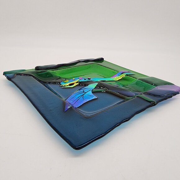 Handmade Fused Glass Plate Iridescent Colorful Frog Leaf Design Christine Moody - Picture 9 of 12